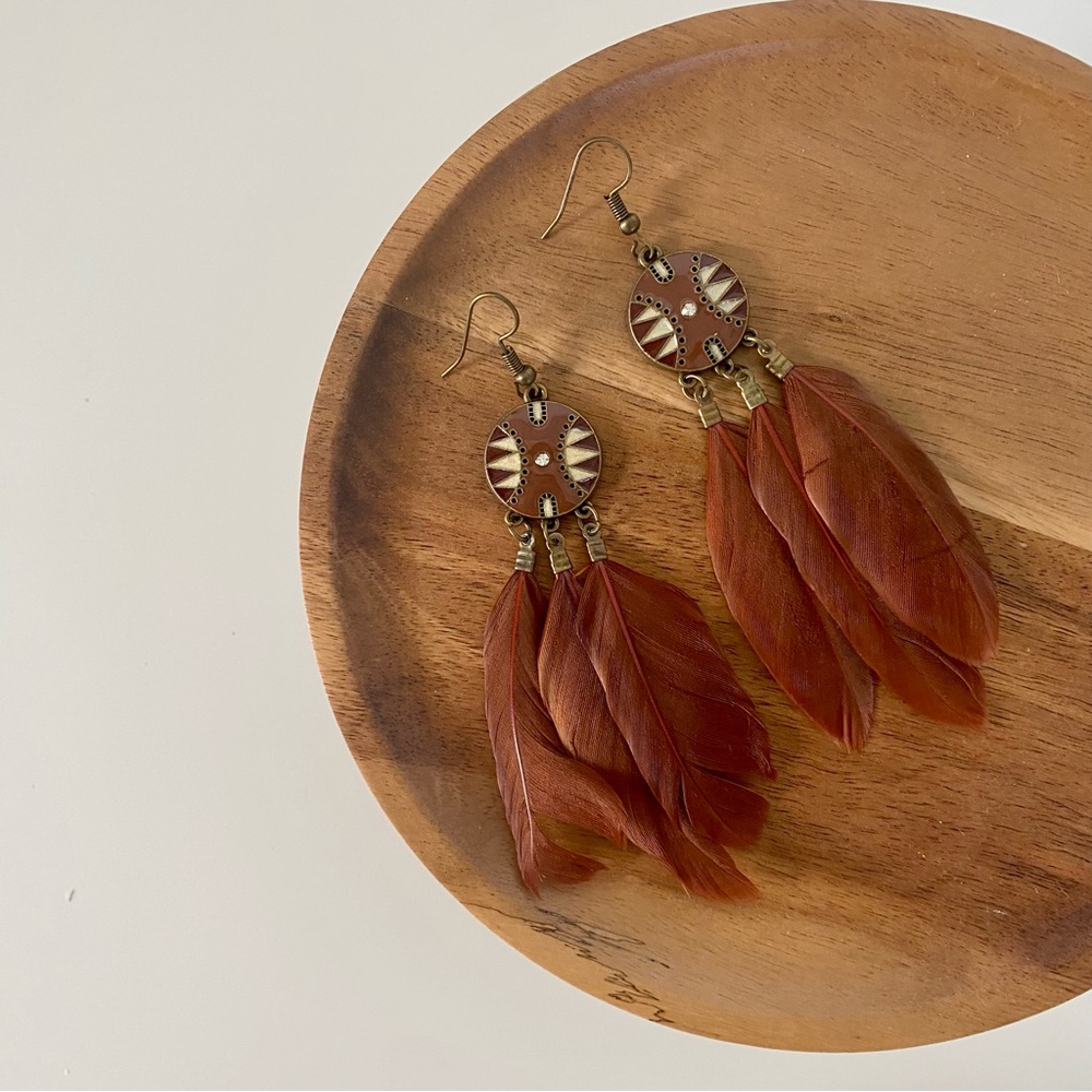 4/$15 Bohemian Chic Brown Enamel Feather Tassel Dangling Earrings